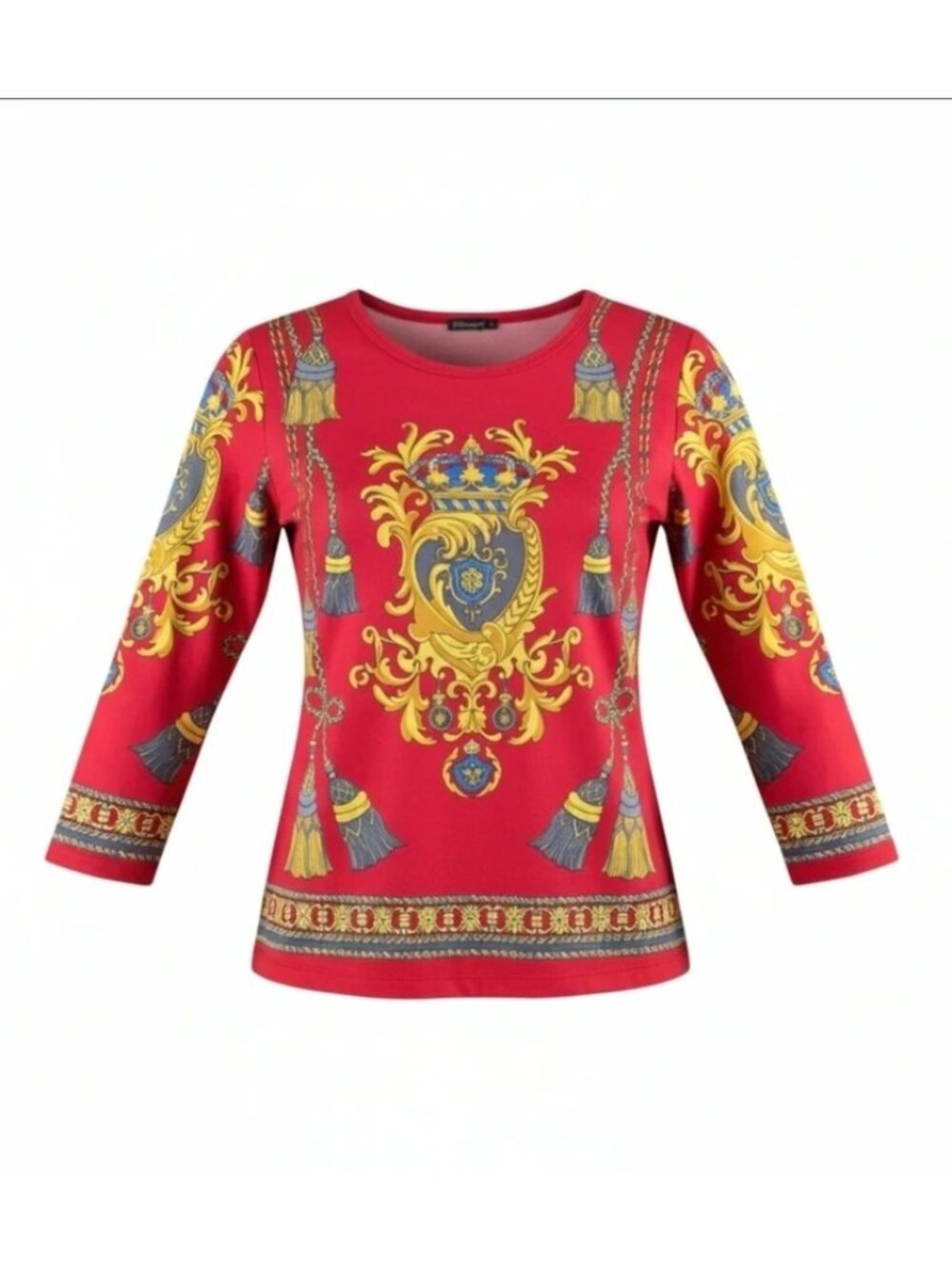 J. McLaughlin Women’s Medium Red Baroque Tassel Print 3/4 Sleeve Stretch Top